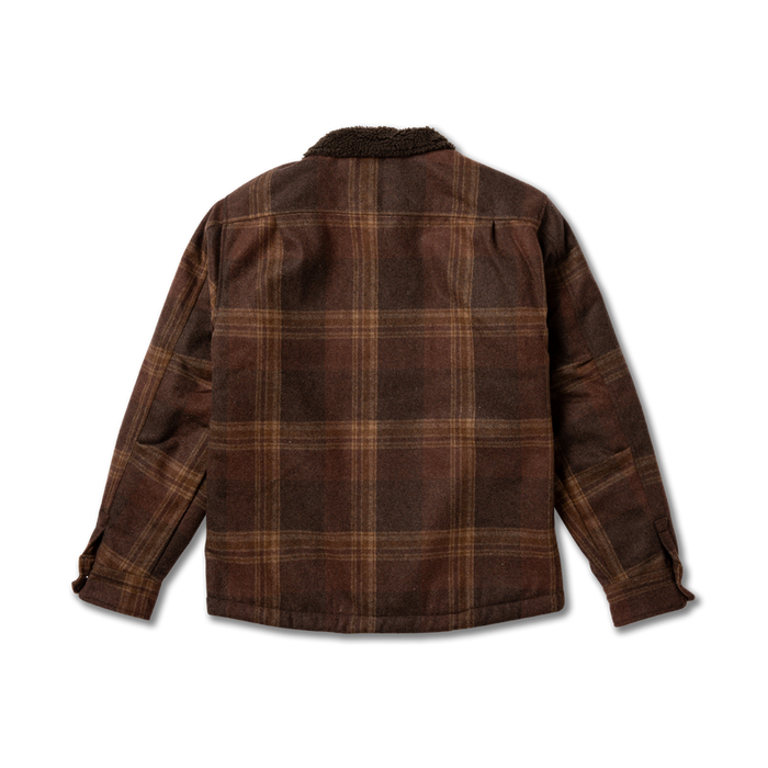 Hebrides 2.0 Sherpa Jacket in tobacco brown plaid with sherpa collar, displayed flat lay on white background