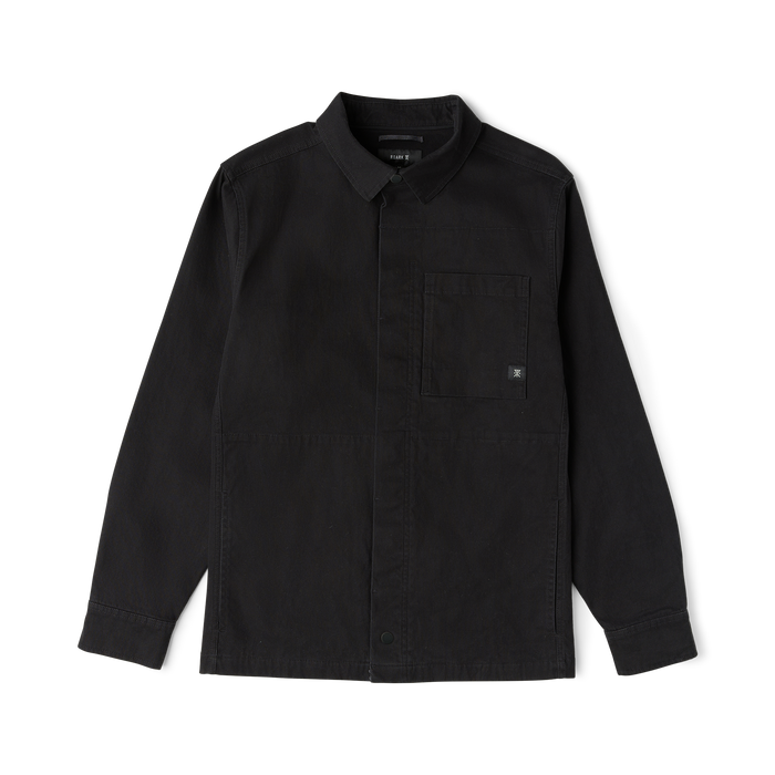Black denim Hebrides 2.0 unlined jacket with collar, button front, and chest pocket on flat lay against white background