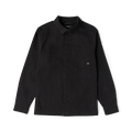 Black denim Hebrides 2.0 unlined jacket with collar, button front, and chest pocket on flat lay against white background