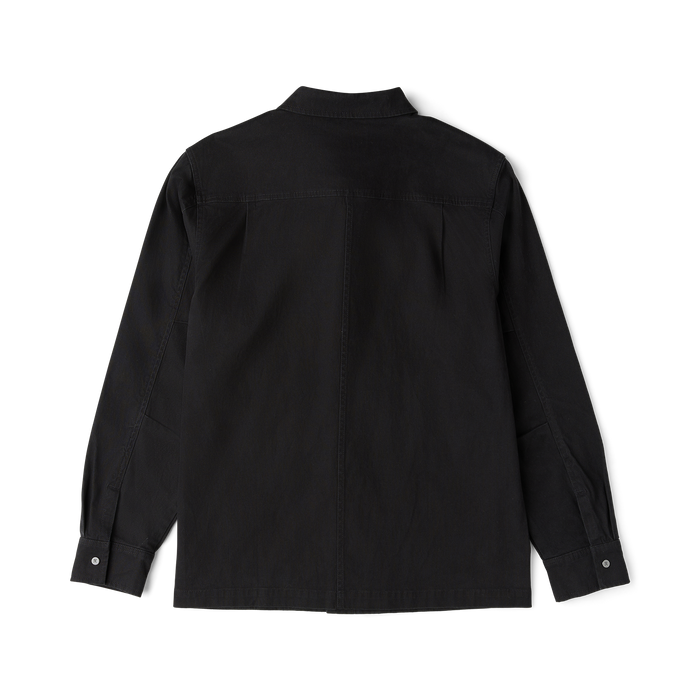 Black denim jacket with collar and long sleeves, displayed flat on white background showing back view and construction details