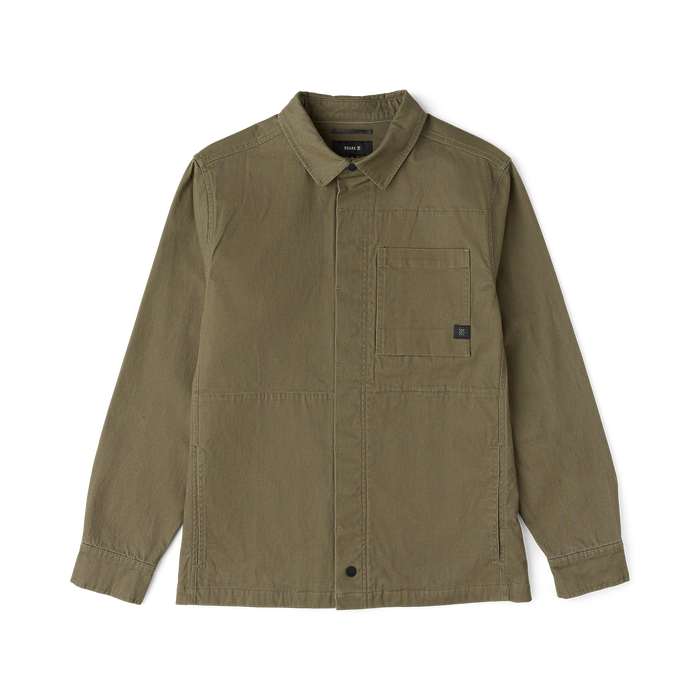 Hebrides 2.0 unlined jacket in military green with button front, chest pocket, and collar displayed on flat lay against white background
