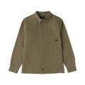 Hebrides 2.0 unlined jacket in military green with button front, chest pocket, and collar displayed on flat lay against white background