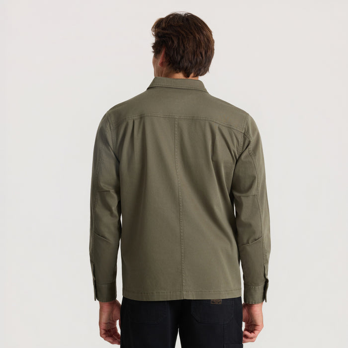 Hebrides 2.0 Unlined Jacket in military green, worn by man shown from back view against neutral background