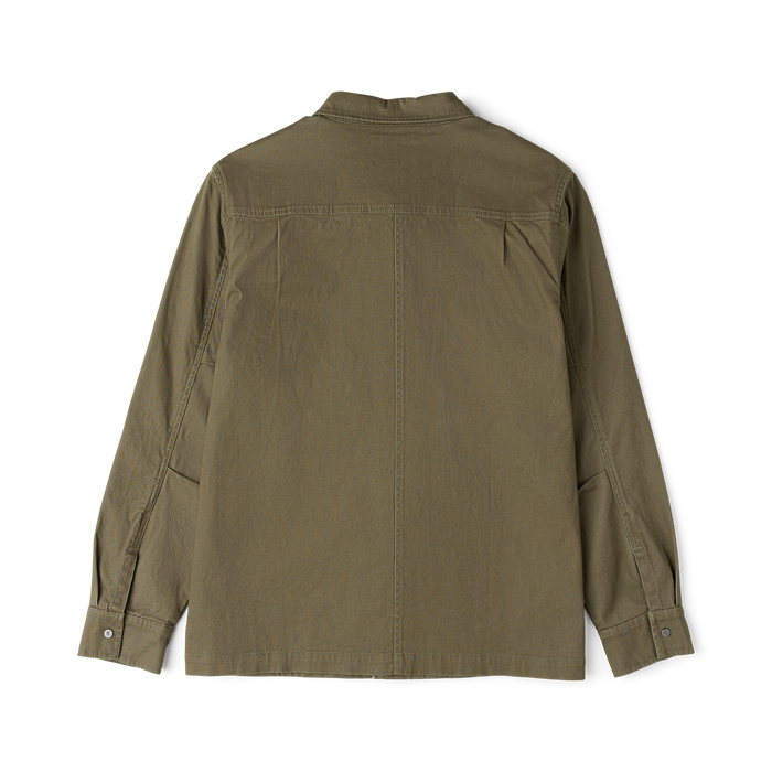 Hebrides 2.0 unlined jacket in military green cotton, shown flat lay from back view with visible seaming and button cuffs