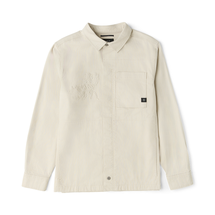 Hebrides 2.0 unlined jacket in sand with embroidered scorpion design and chest pocket, displayed flat lay on white background