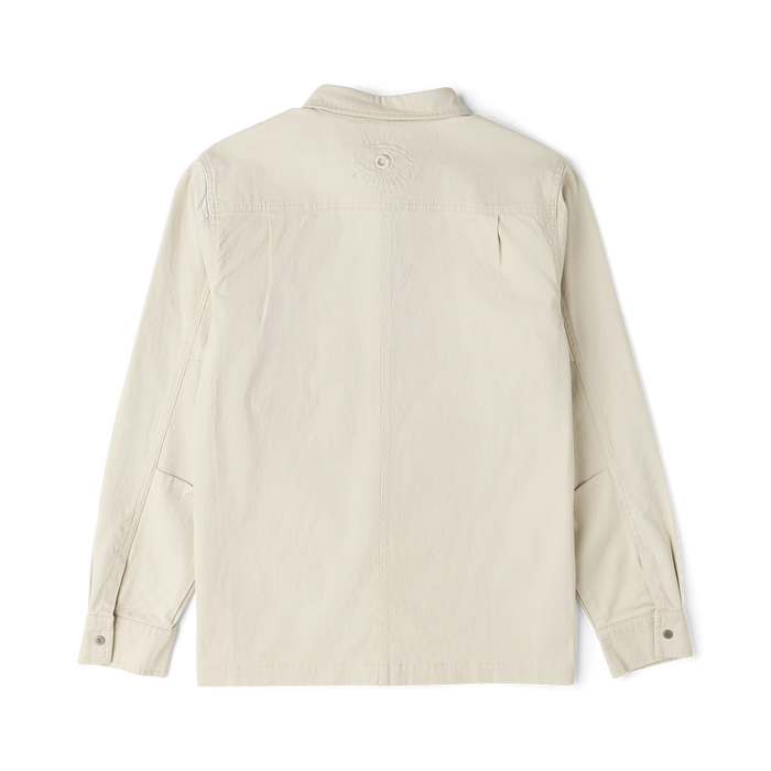 Cream-colored Hebrides 2.0 unlined jacket displayed flat lay from the back, showing collar, long sleeves, and embroidered eye motif