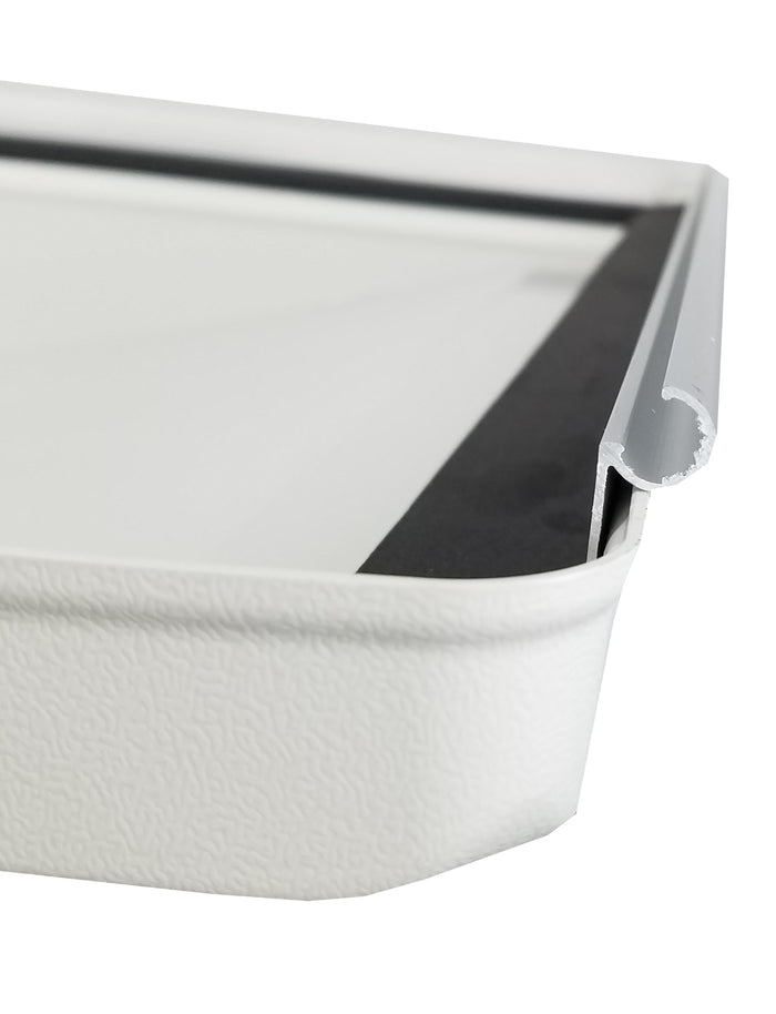 Hengs Escape Hatch Lid 90088-C1 Curl Style Hinge and Frame Corner - Close-Up Detail | United RV Parts