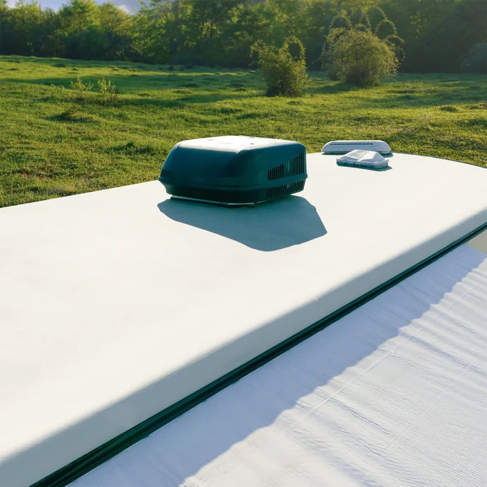 White Elastomeric RV Roof Coating Applied to Camper Roof with AC Unit - Lifestyle Application | United RV Parts