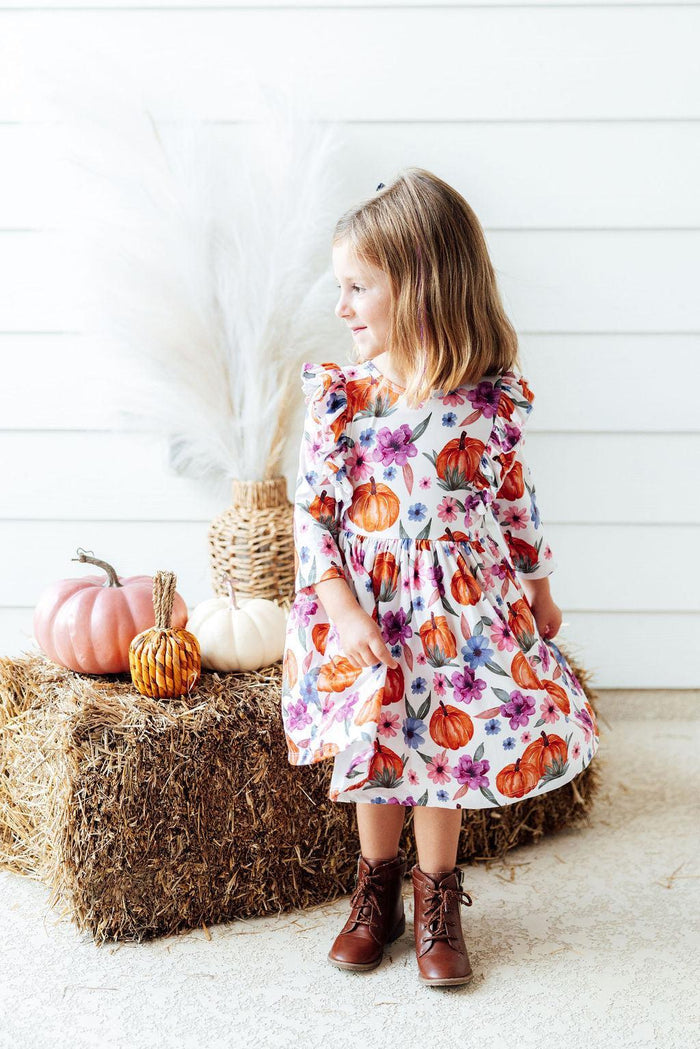 Hey Pumpkin 3/4 Sleeve Ruffle Twirl Dress-Mila & Rose ®