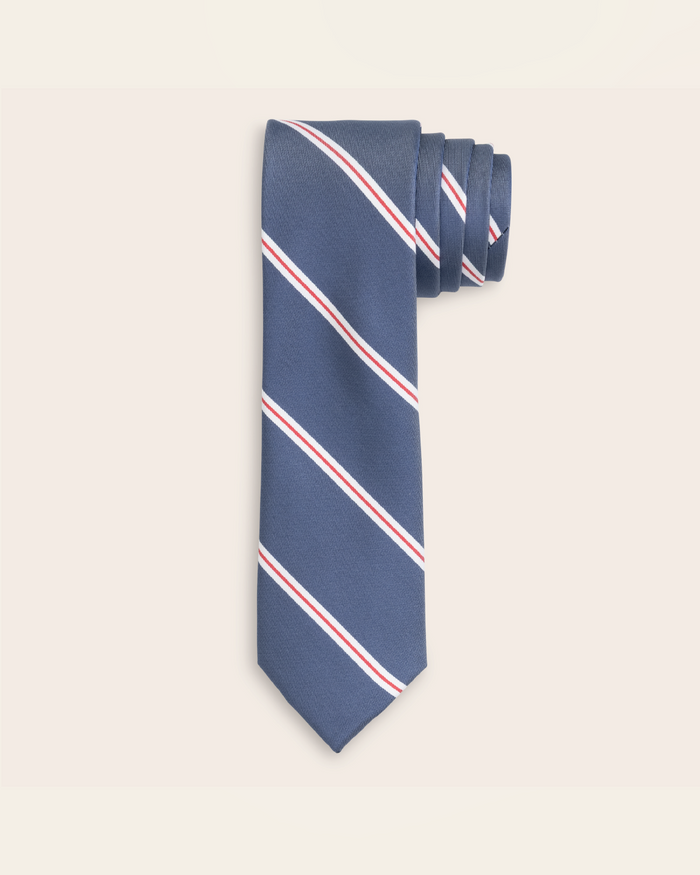 Blue tie with red and white stripes