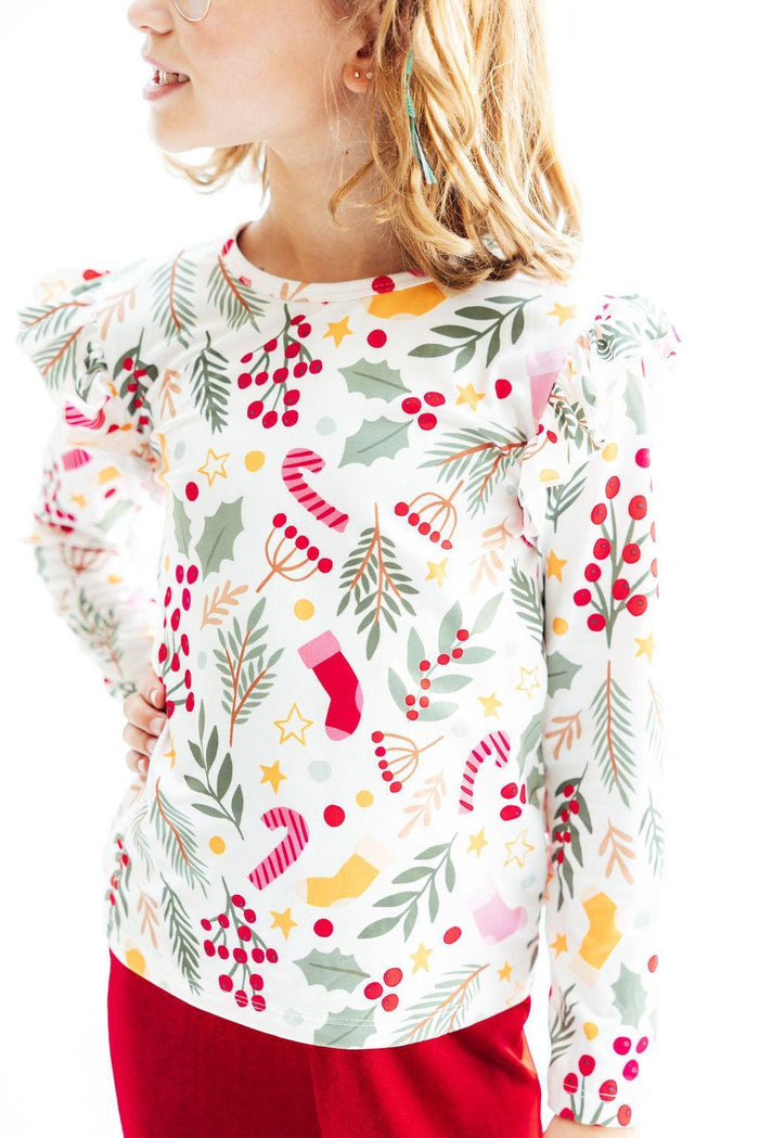 (S) Holly Jolly Christmas L/S Ruffle Tee-Mila & Rose ®