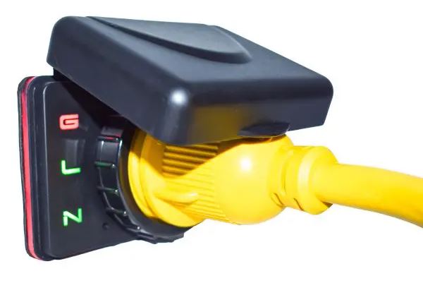 Black Hughes SafeView SV30API 30 Amp RV Power Inlet - LED Indicator Detail with Yellow Cord Connected | United RV Parts