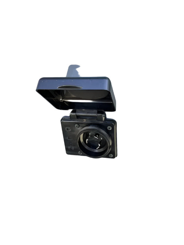 Black Hughes SafeView SV30API 30 Amp RV Power Inlet - Side View with Protective Flip Cover Open | United RV Parts
