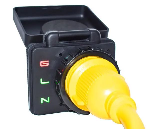 Hughes SafeView SV30API 30 Amp RV Power Inlet - Front View with G L N LED Indicators and Yellow Cord | United RV Parts