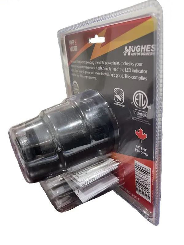 Black Hughes SafeView Smart Power Inlet - Side View with Open Package | United RV Parts