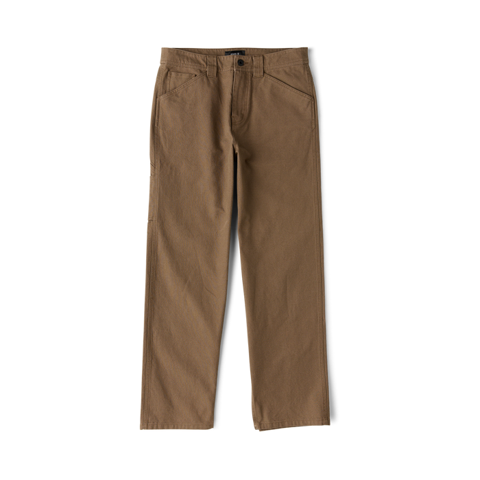 Tan utility denim jeans with angled pocket stitching and button fly, displayed flat lay on white background
