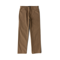 Tan utility denim jeans with angled pocket stitching and button fly, displayed flat lay on white background