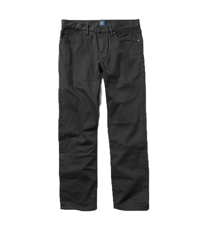 Black HWY 128 five-pocket broken twill denim jeans displayed flat lay against white background