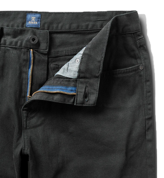 Black HWY 128 denim jeans with unzipped fly showing blue-trimmed interior and gray chambray lining detail