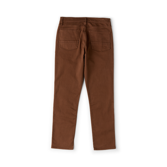 Brown five-pocket denim jeans with flat lay back view showing detailed stitching and classic jean construction