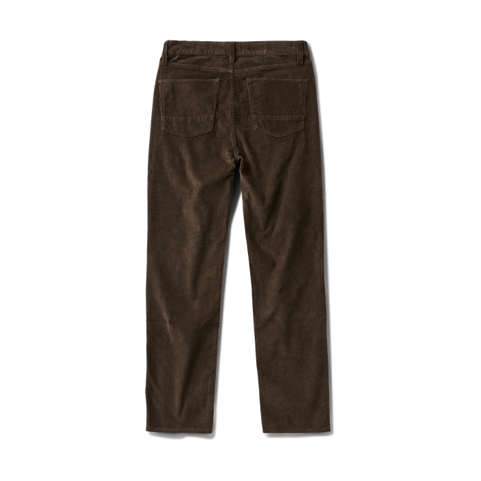 Close-up of a durable brown denim with detailed stitching, showcasing a robust button and pocket design perfect for outdoor and travel adventures.