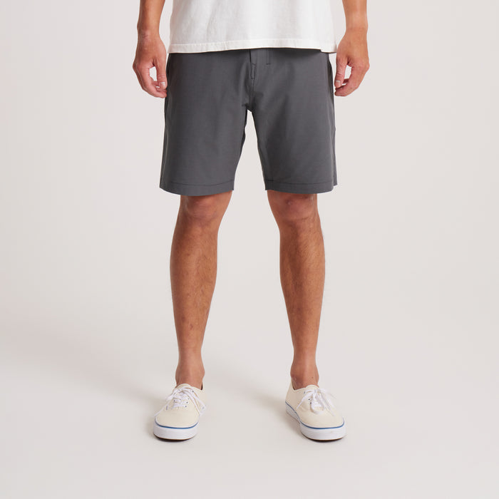 Front view of gray HyTide Hybrid shorts styled for versatility, featuring quick-dry fabric and a sleek fit for travel or outdoor activities.