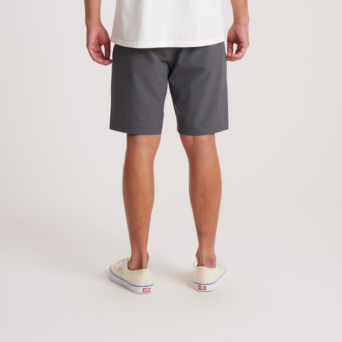 Back view of gray HyTide Hybrid shorts, emphasizing premium stitching and practical design.
