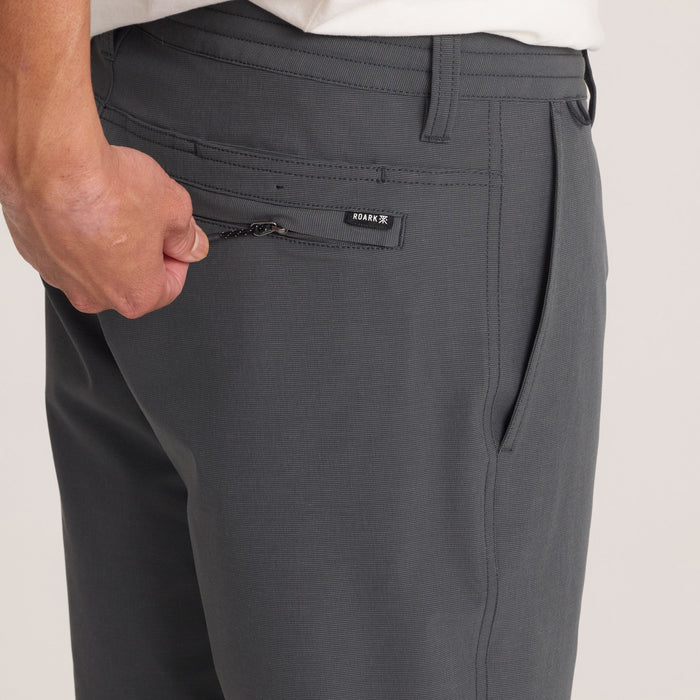 Fabric close-up of gray HyTide Hybrid shorts, revealing high-quality, quick-dry material engineered for performance and style.