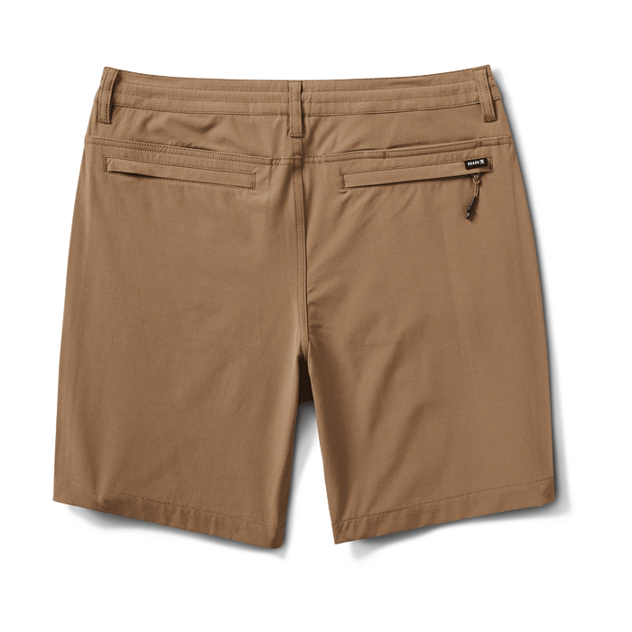 Back view of Roark Hy-Tide Hybrid Short in dark khaki, featuring zippered pockets and durable flat-felled seams.