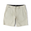 Roark Hytide Hybrid Shorts in sand flat lay showing front pockets, button closure, and black waistband label