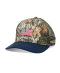 Camouflage cap with American flag and 'In God We Trust' text on a white background