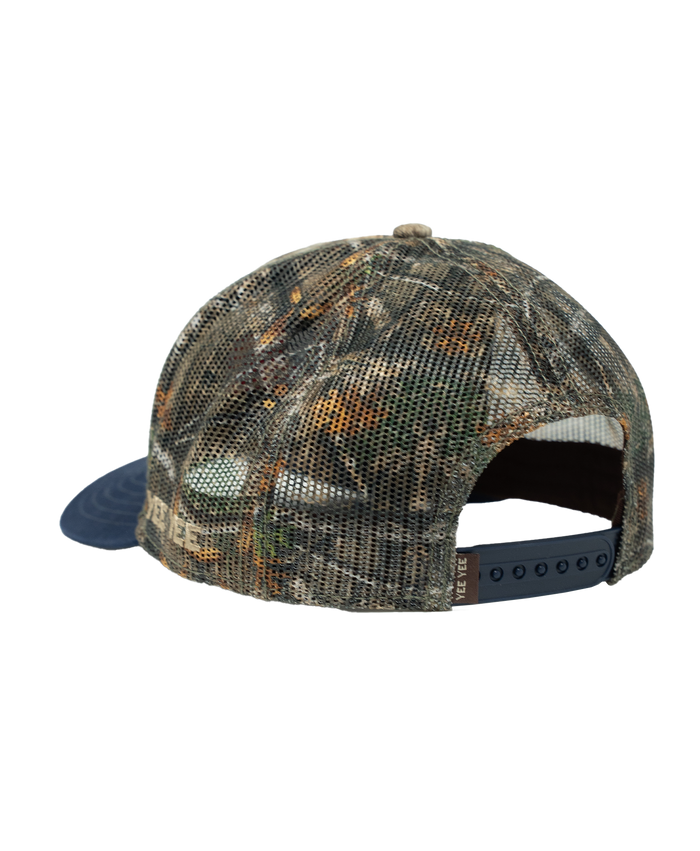 Camouflage cap with blue brim on a white background