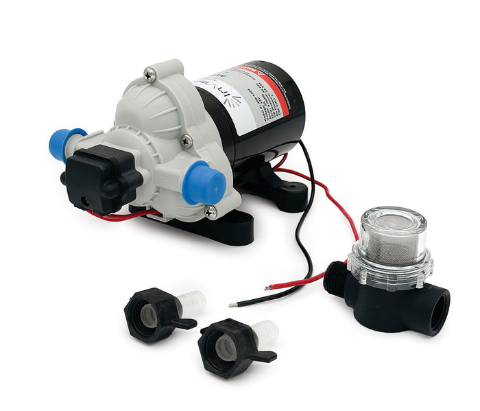 InVision 12V RV Water Pump 320-1200 with Inline Strainer Filter and Hose Fittings - Full Kit View | United RV Parts