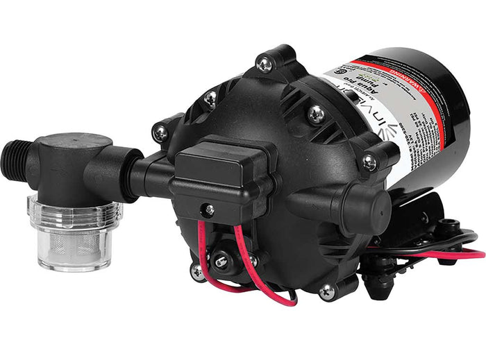 Black InVision 12V RV Fresh Water Pump 320-5200 with Strainer Filter - Side Angle | United RV Parts