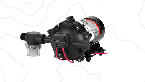 Black InVision 12V RV Water Pump 5 GPM 60 PSI with Inline Strainer - Front View | United RV Parts