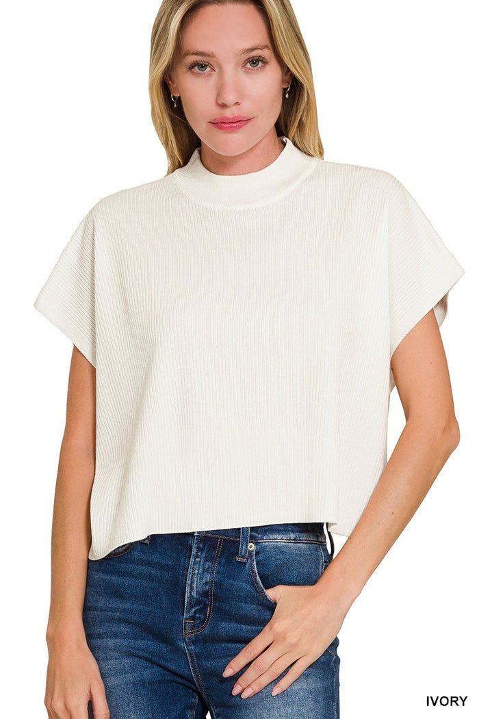 Ivory - Crop Mock Neck Short Sleeve Boxy Sweater