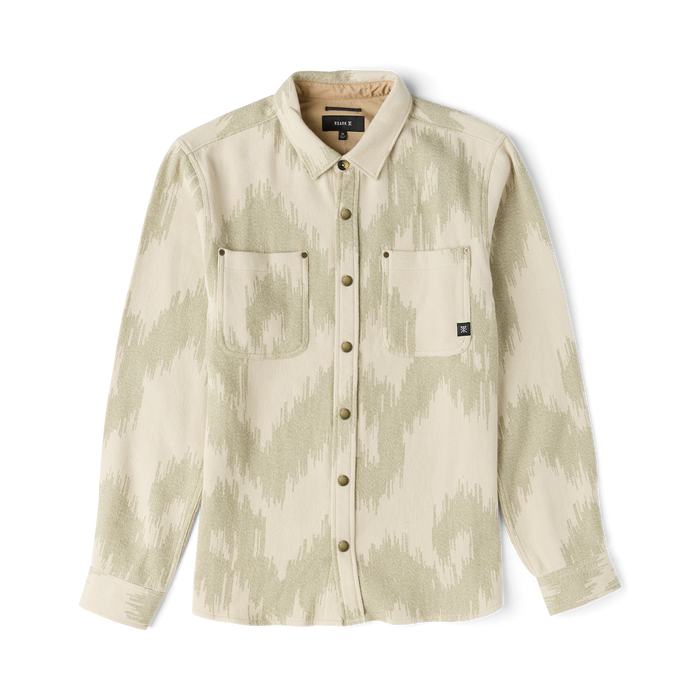 Journey Jacquard long sleeve flannel shirt in oat with cream and sage woven pattern, displayed flat lay against white background