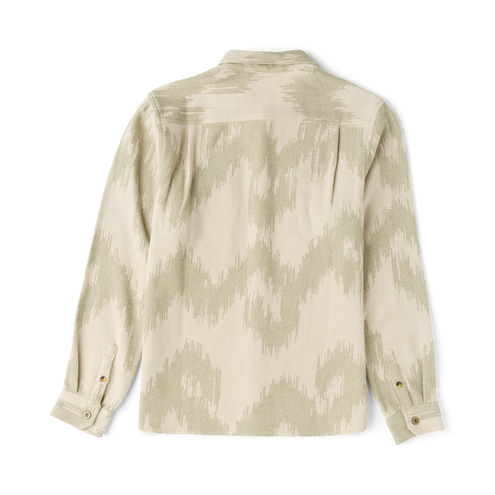 Journey Jacquard long sleeve flannel in oat with cream and sage geometric jacquard pattern, shown flat lay from back view