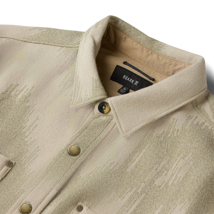 Cream Journey Jacquard flannel shirt with snap button front and visible Roark brand label inside collar, flat lay detail shot