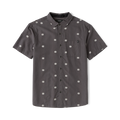 Charcoal gray short sleeve button up shirt with white sun print pattern throughout, displayed flat on white background