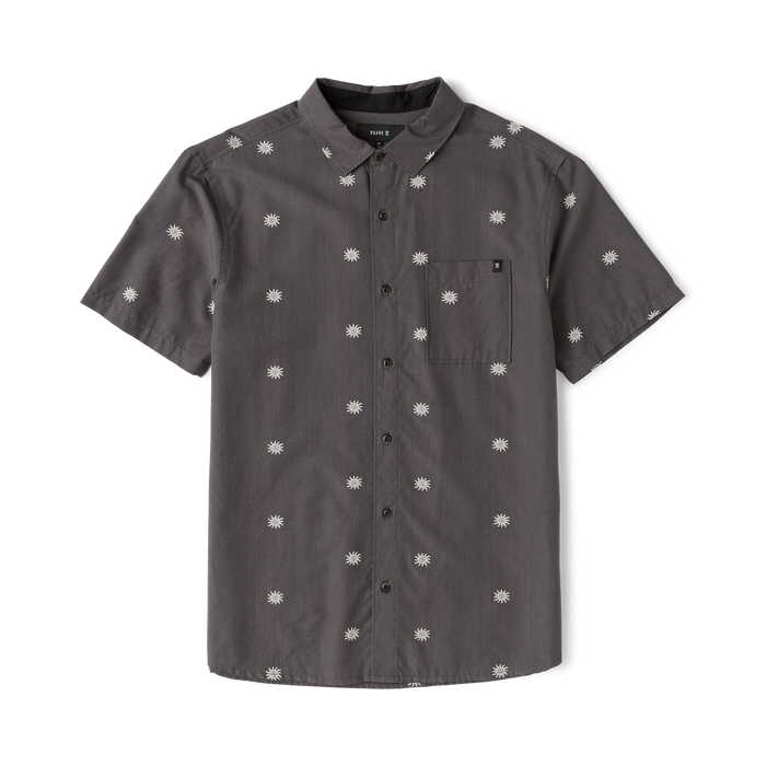 Charcoal gray short sleeve button up shirt with white sun print pattern throughout, displayed flat on white background