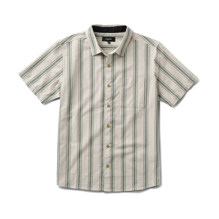 Close-up of a versatile Roark dress shirt with detailed stitching on collar, sleeves, and buttons, designed for outdoor and travel adventures.