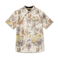 Ivory short sleeve button up shirt with botanical leaf and flower print in tan, rust, and green tones
