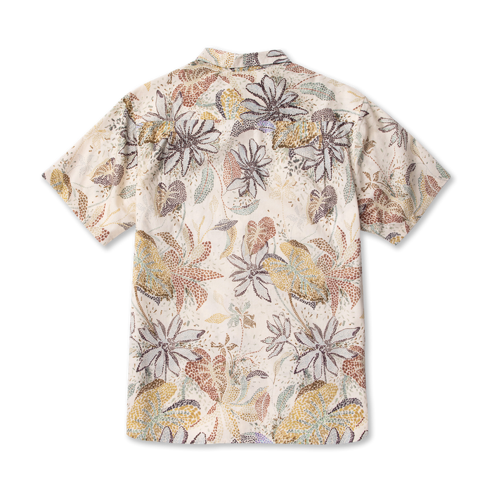 Ivory Journey short sleeve button-up shirt with multicolored botanical floral print in rust, gold, and blue tones, flat lay view