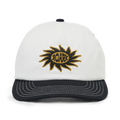 White and black snapback hat featuring embroidered sun logo with yellow and black Roark text in center