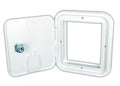 White Plastic RV Electrical Cable Hatch Square - Open View with Locking Mechanism | United RV Parts