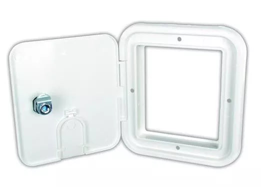 White Plastic RV Electrical Cable Hatch Square - Open View with Locking Mechanism | United RV Parts