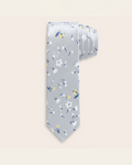 Grey tie with blue, yellow, and white floral patterned design
