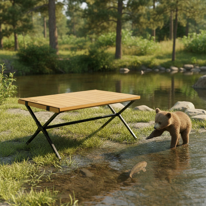 Kuma Camp Crew Bamboo Coffee Table Outdoors by Riverside - Lifestyle Scene | United RV Parts