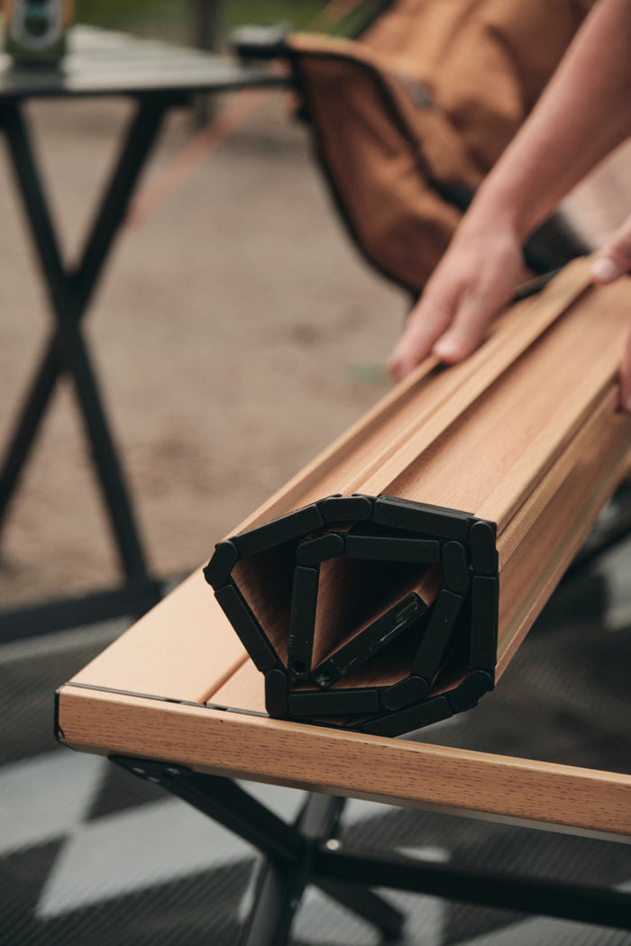 Kuma Camp Crew Coffee Table Bamboo Top Rolling Compact - Close-Up Roll Detail | United RV Parts